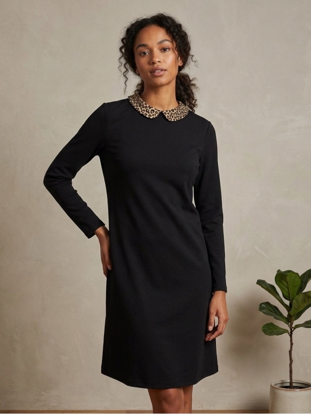 J McLaughlin Black leopard print 1960's peter pan collar dress Size L